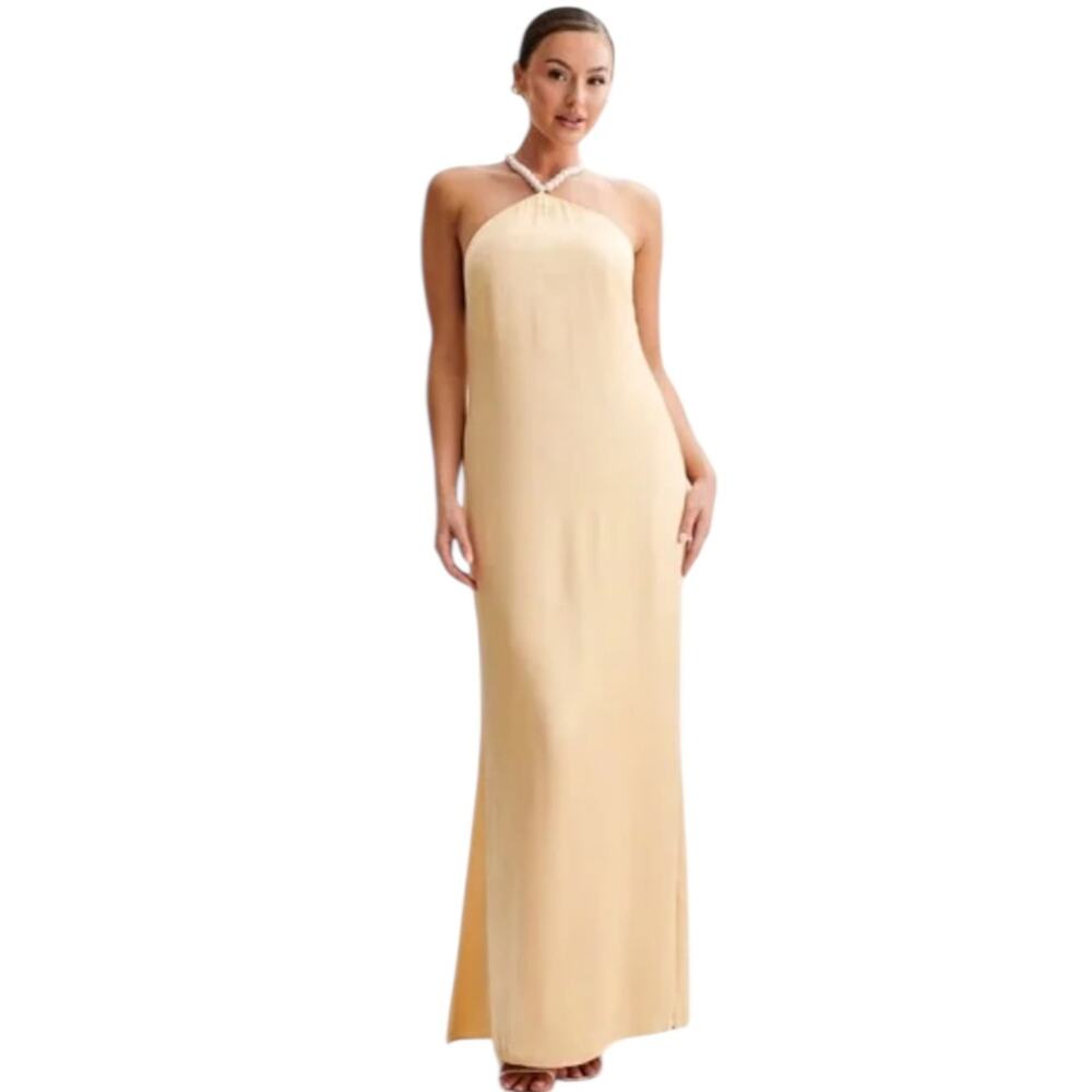 MESHKI Blanche Satin Pearl Halter Satin Fabric Halter Neckline Gown L NWT